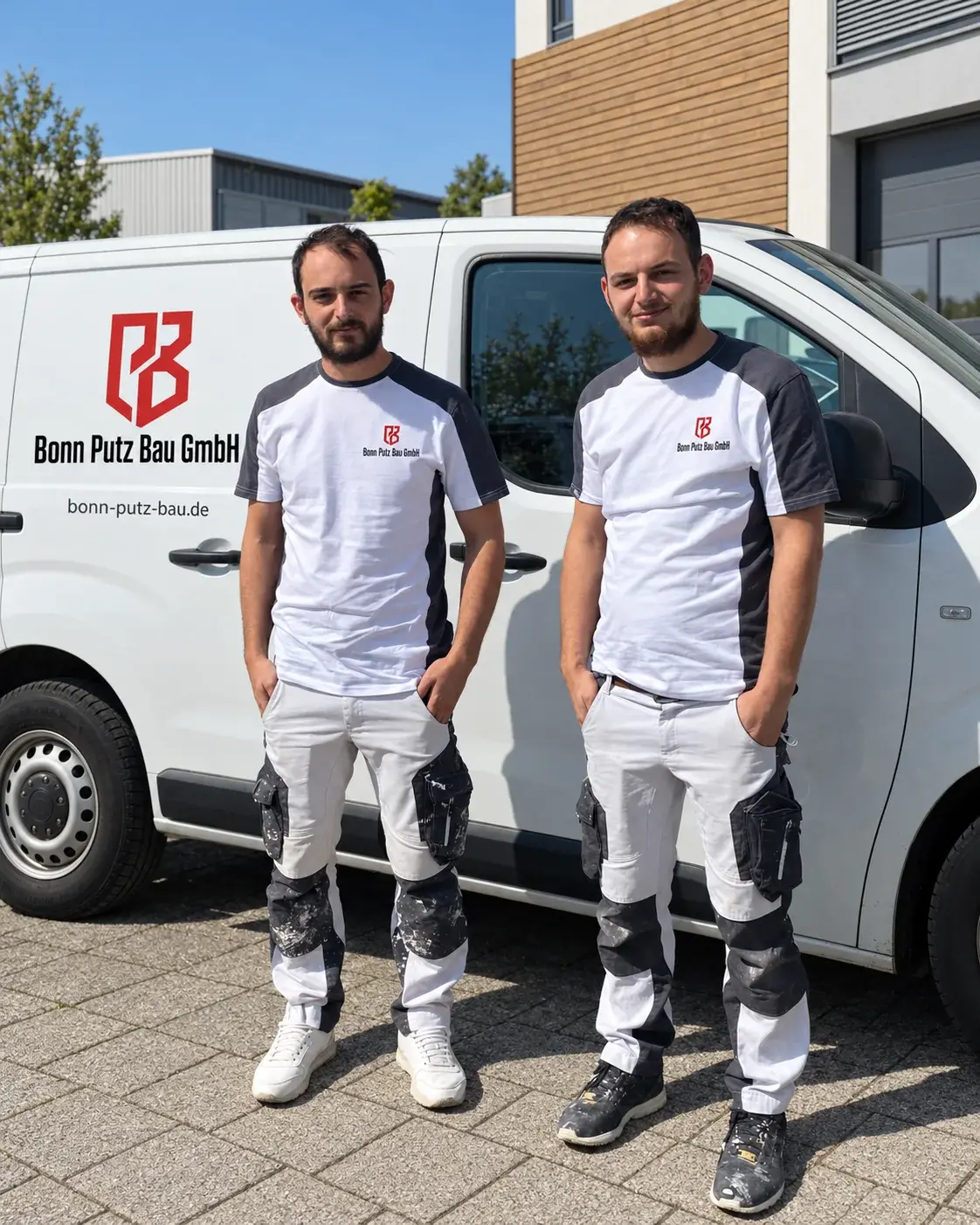 Geschäftsführer Shqiprim Murseli und ein Mitarbeiter der Bonn Putz Bau GmbH vor dem Firmenwagen in Bonn