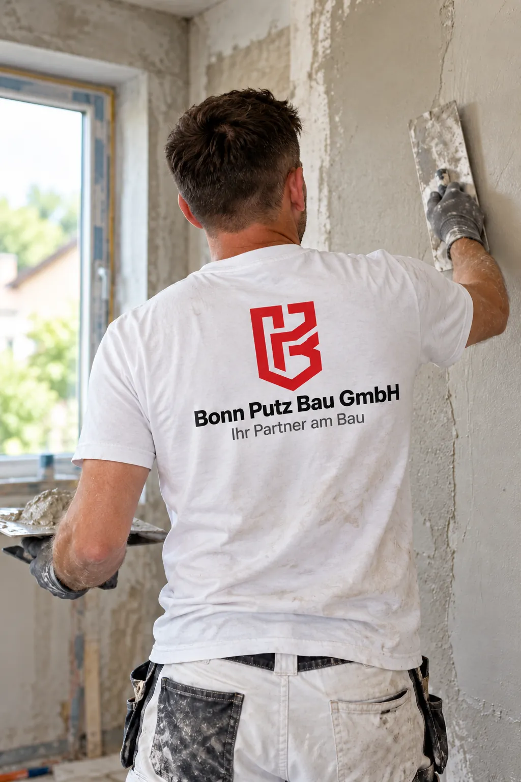 Handwerker von Bonn Putz Bau verputzt eine Innenwand neben einem Fenster