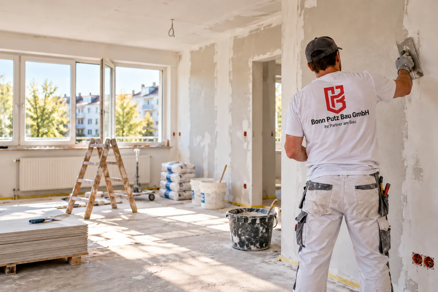 Handwerker von Bonn Putz Bau verputzt eine Wand in einer Wohnung während der Renovierung