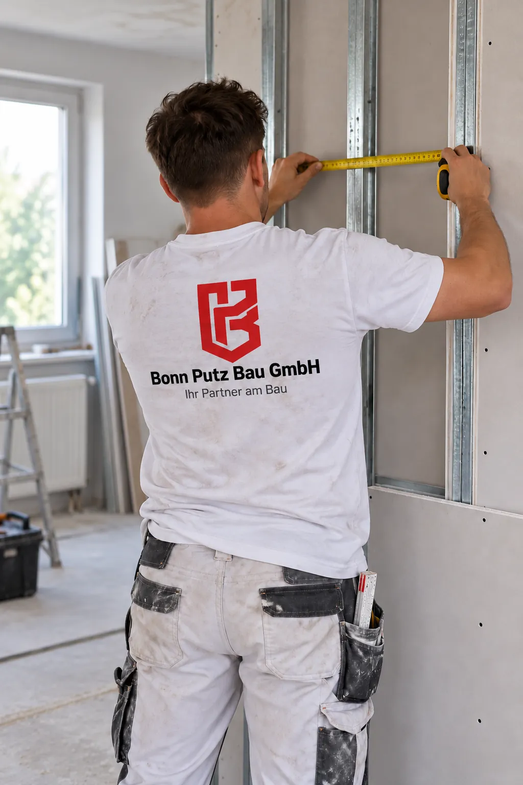 Ständerwerk für eine Trockenbauwand wird ausgemessen